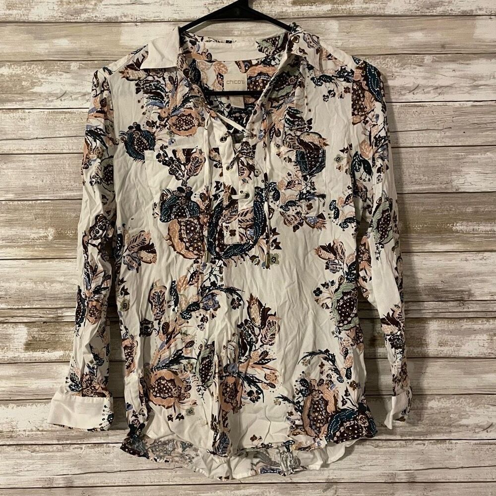 Chicos Ivory Floral Pullover Women’s Blouse Shirt 0 Petite Small Tunic Shirt​
